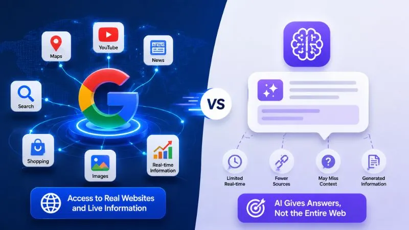 Google search ecosystem vs AI answers illustration