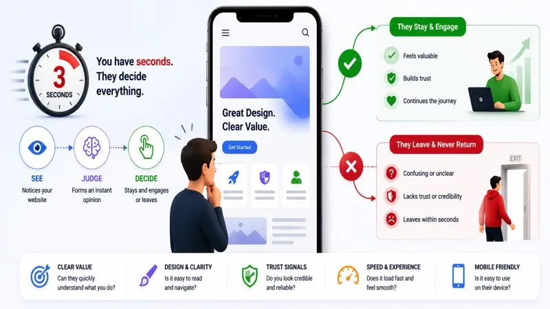 website visitors judging websites within seconds illustration